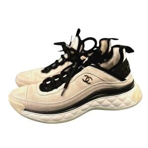 Chanel Fabric Calfskin Suede CC Sneakers - Cream